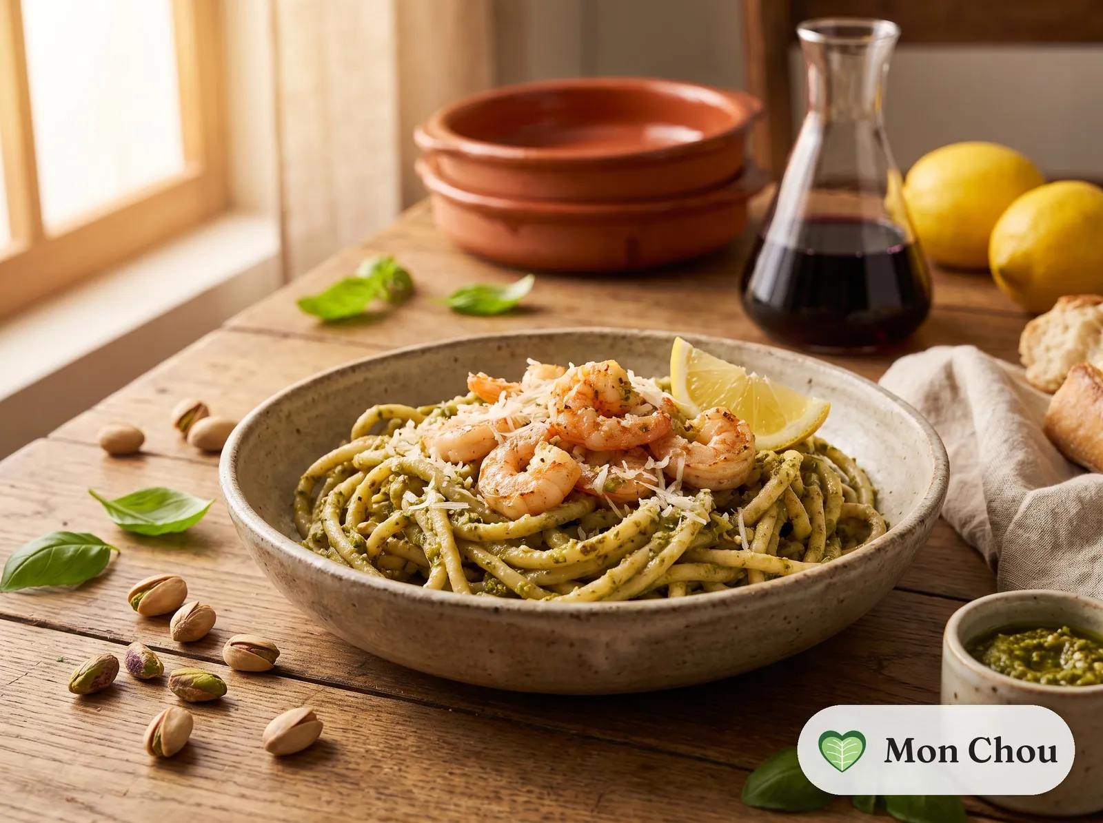 Pistachio pesto pasta with shrimp
