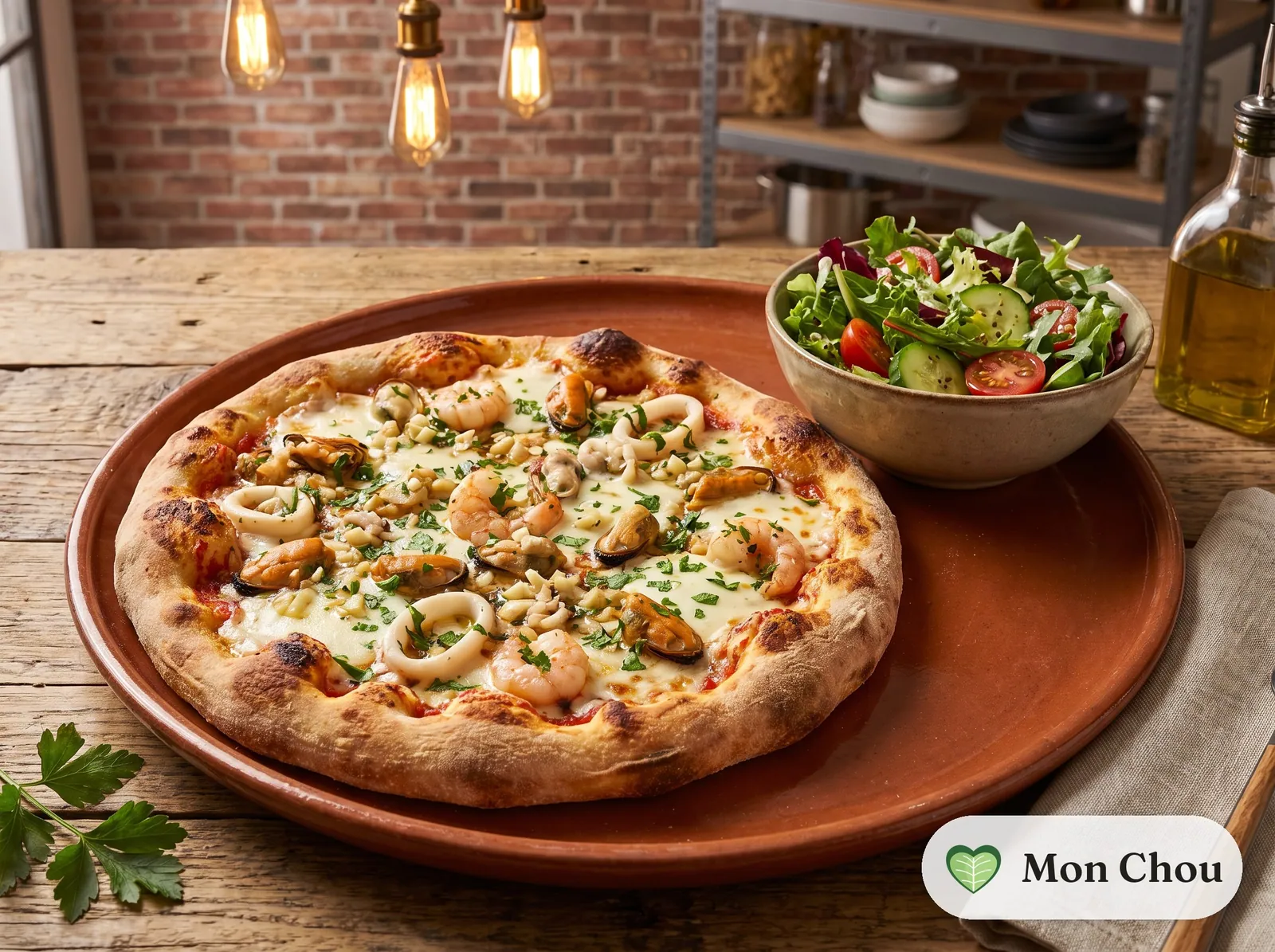 Meeresfrüchte Pizza mit grünem Salat
