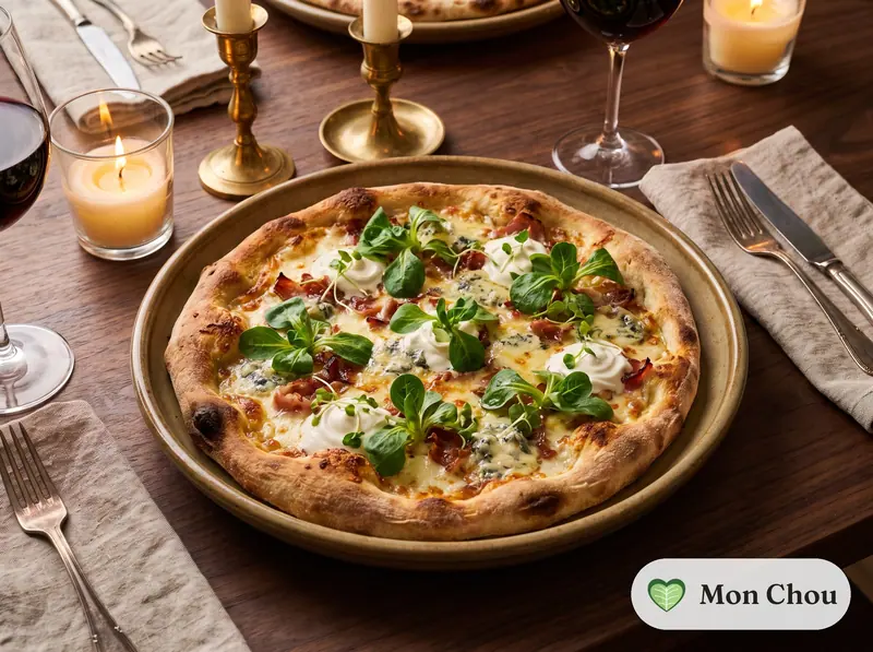 Pizza au speck et gorgonzola et salade