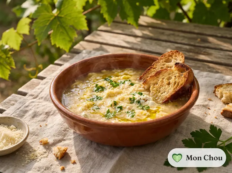 Stracciatella romaine au bouillon et pain grillé