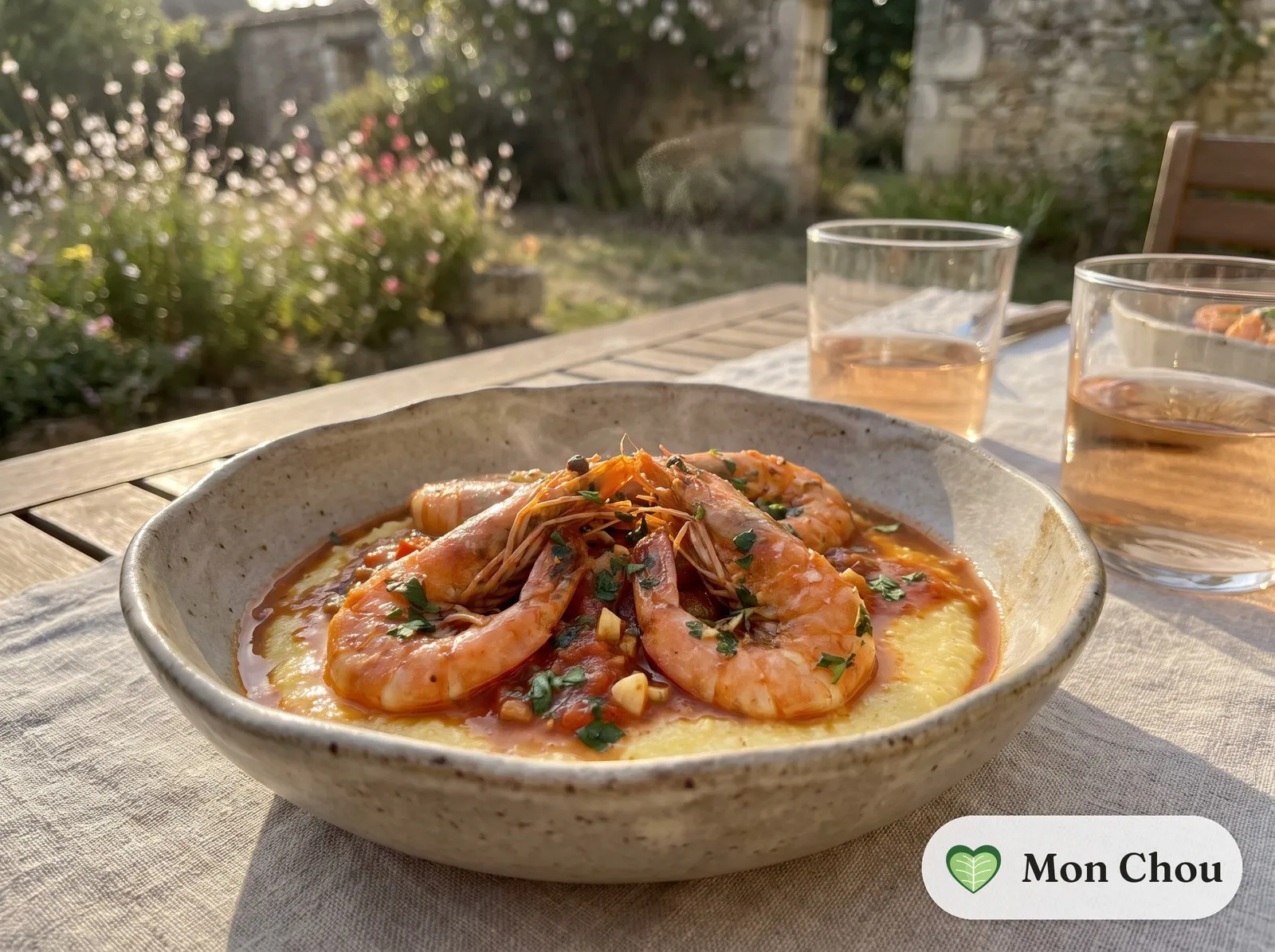 Shrimp alla busara with polenta