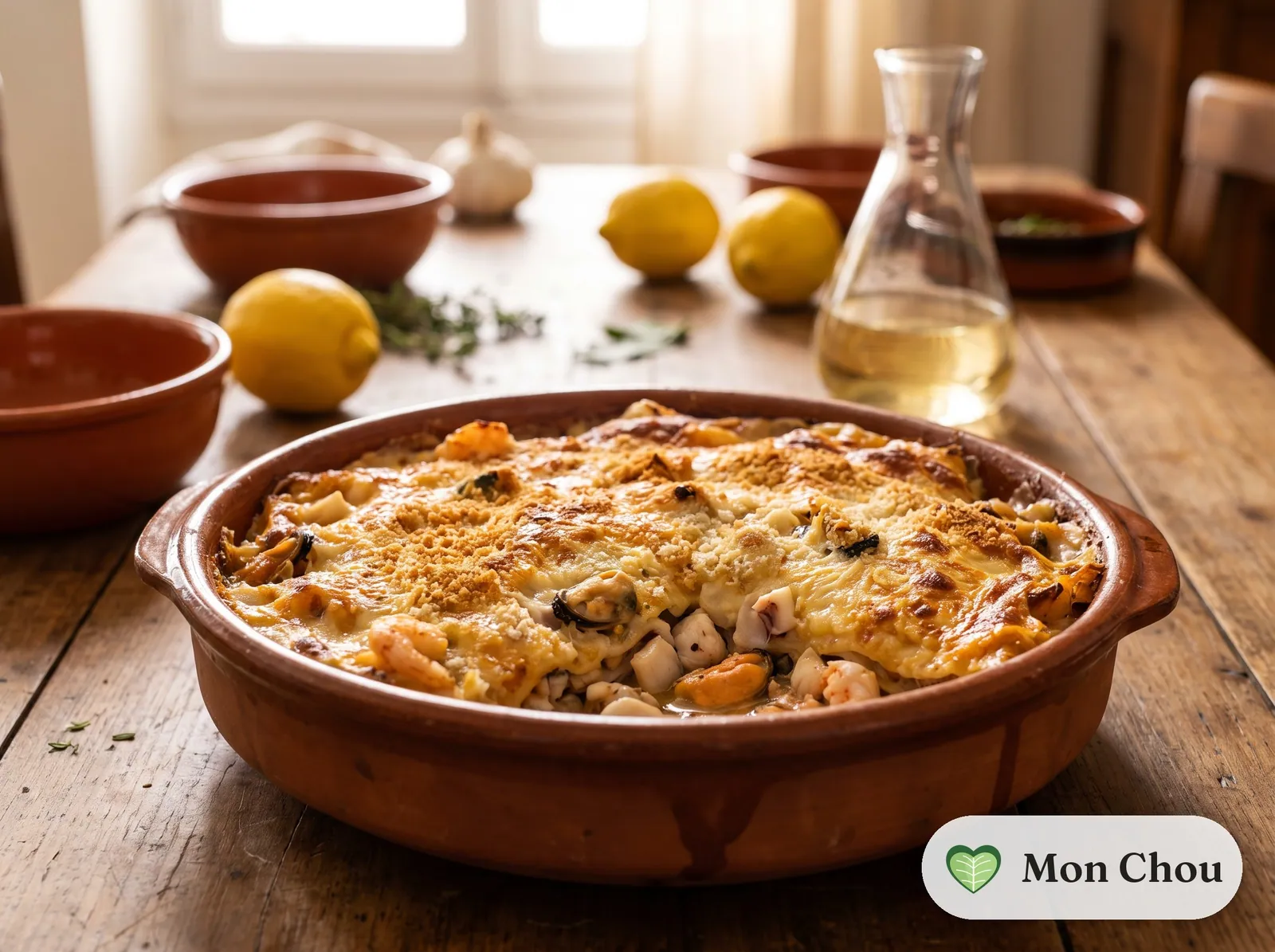 Seafood lasagna with green salad
