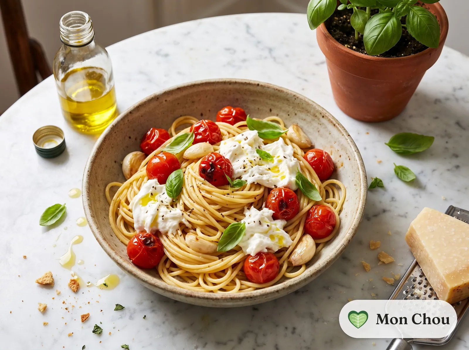 Spaghetti aux tomates cerises rôties et burrata
