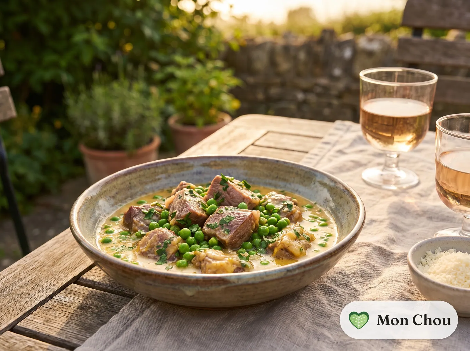 Agneau cacio e uova et petits pois