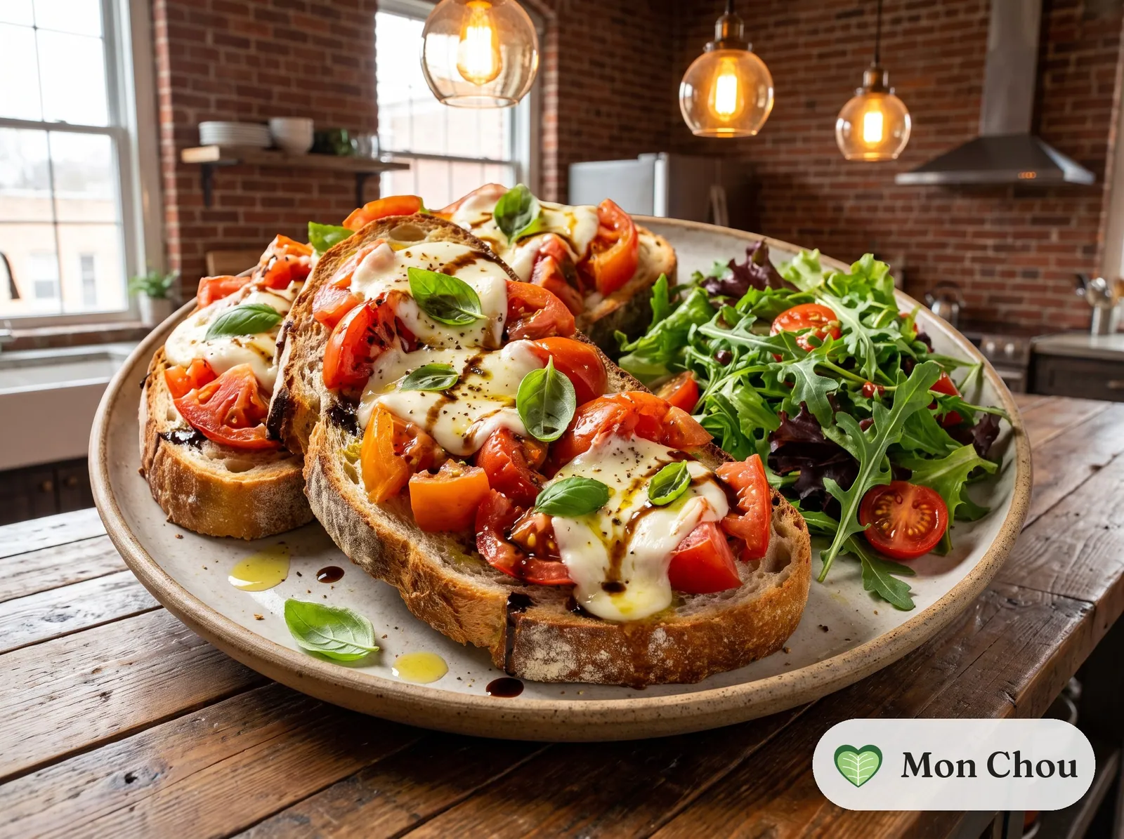 Bruschettas tomate mozzarella et salade