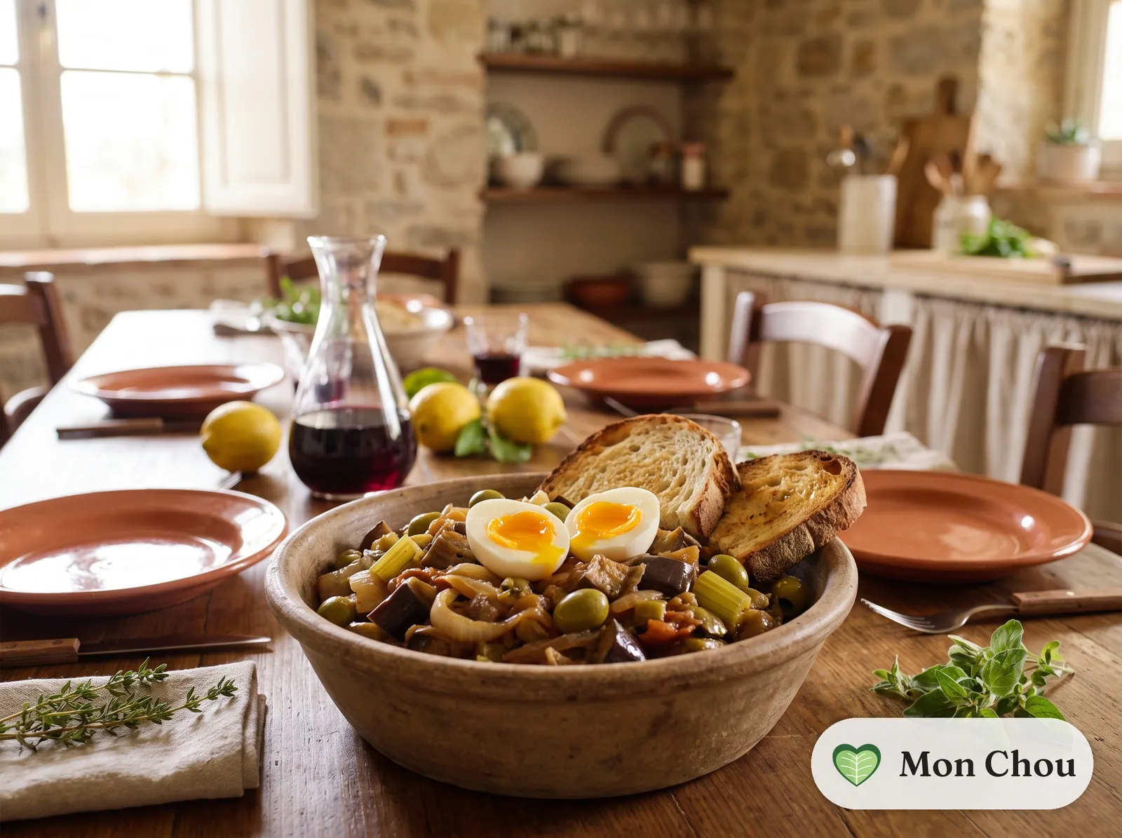 Caponata sicilienne, œufs mollets et pain