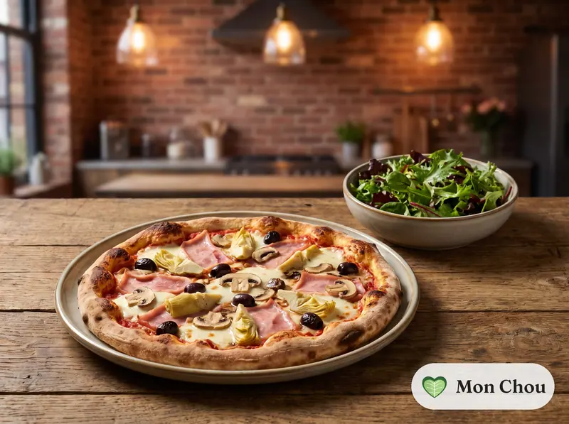 Pizza Capricciosa mit Salat