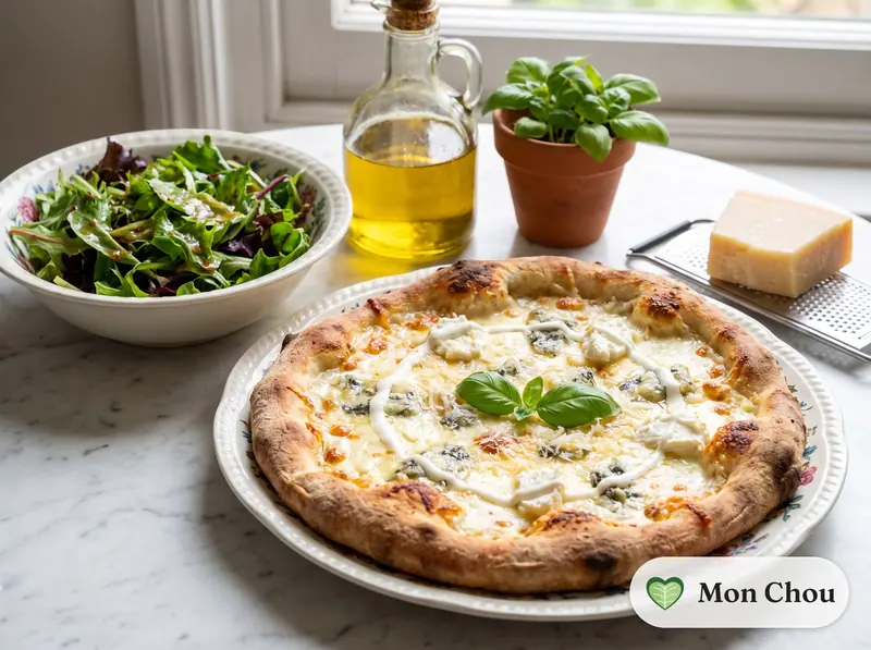 Vier-Käse-Pizza mit Salat