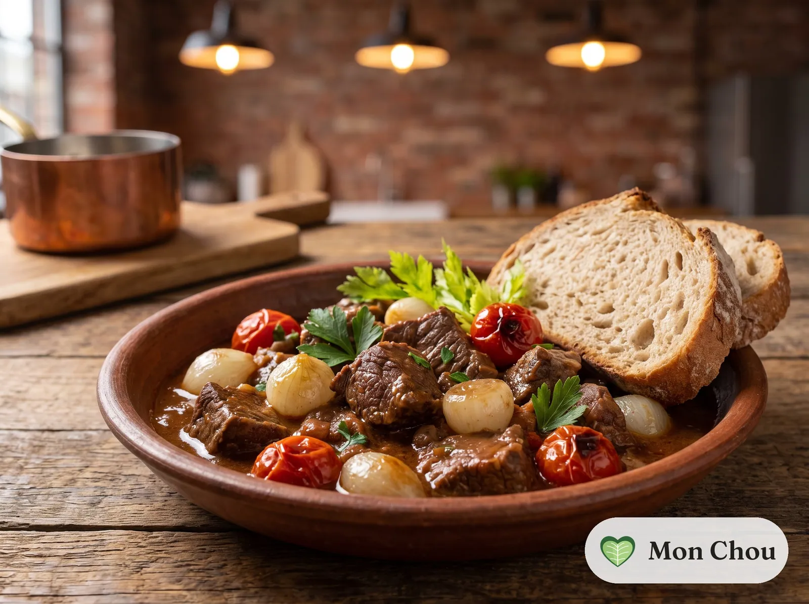 Boiled beef Roman style with onions, tomato and bread