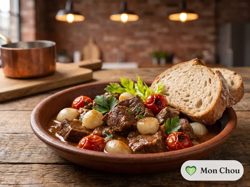 Bœuf bouilli à la romaine aux oignons et tomates, pain