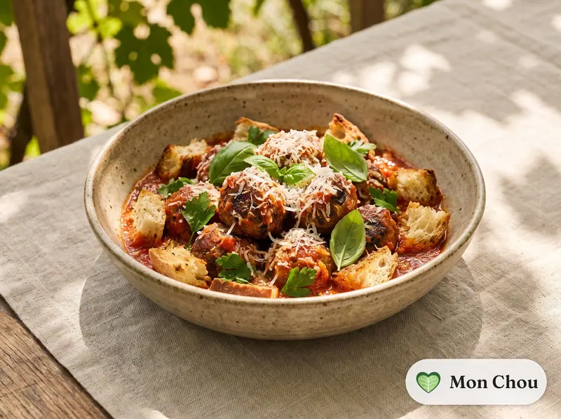 Boulettes d&rsquo;aubergines à la sauce tomate et pain