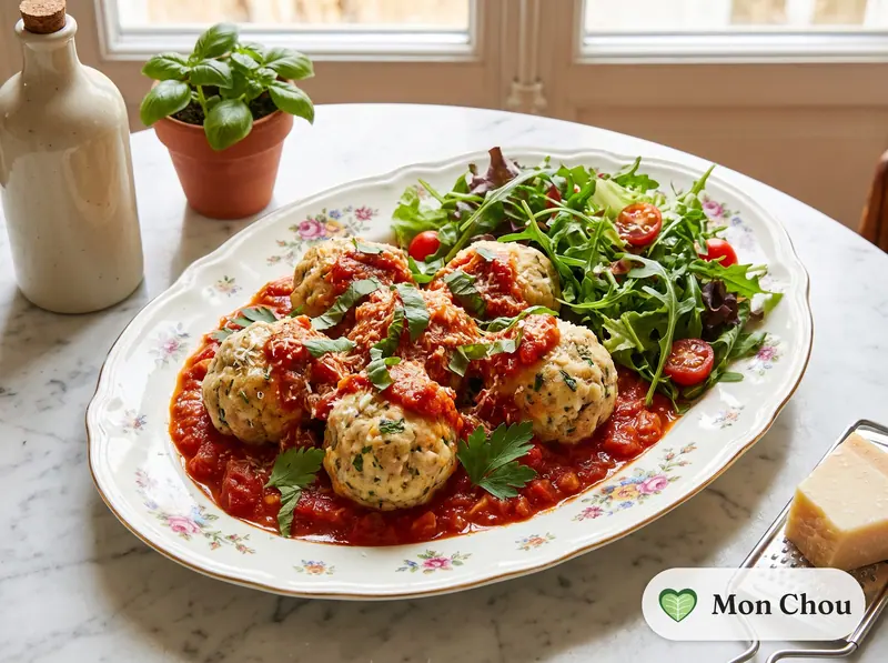 Kalabrische Brotbällchen in Tomatensauce mit Salat
