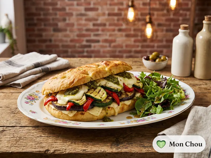 Grilled vegetable and mozzarella stuffed focaccia with salad