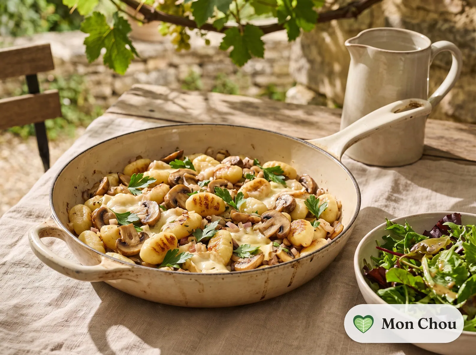Gnocchis aux champignons et au taleggio, salade verte