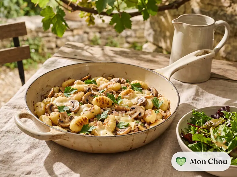 Gnocchis aux champignons et au taleggio, salade verte