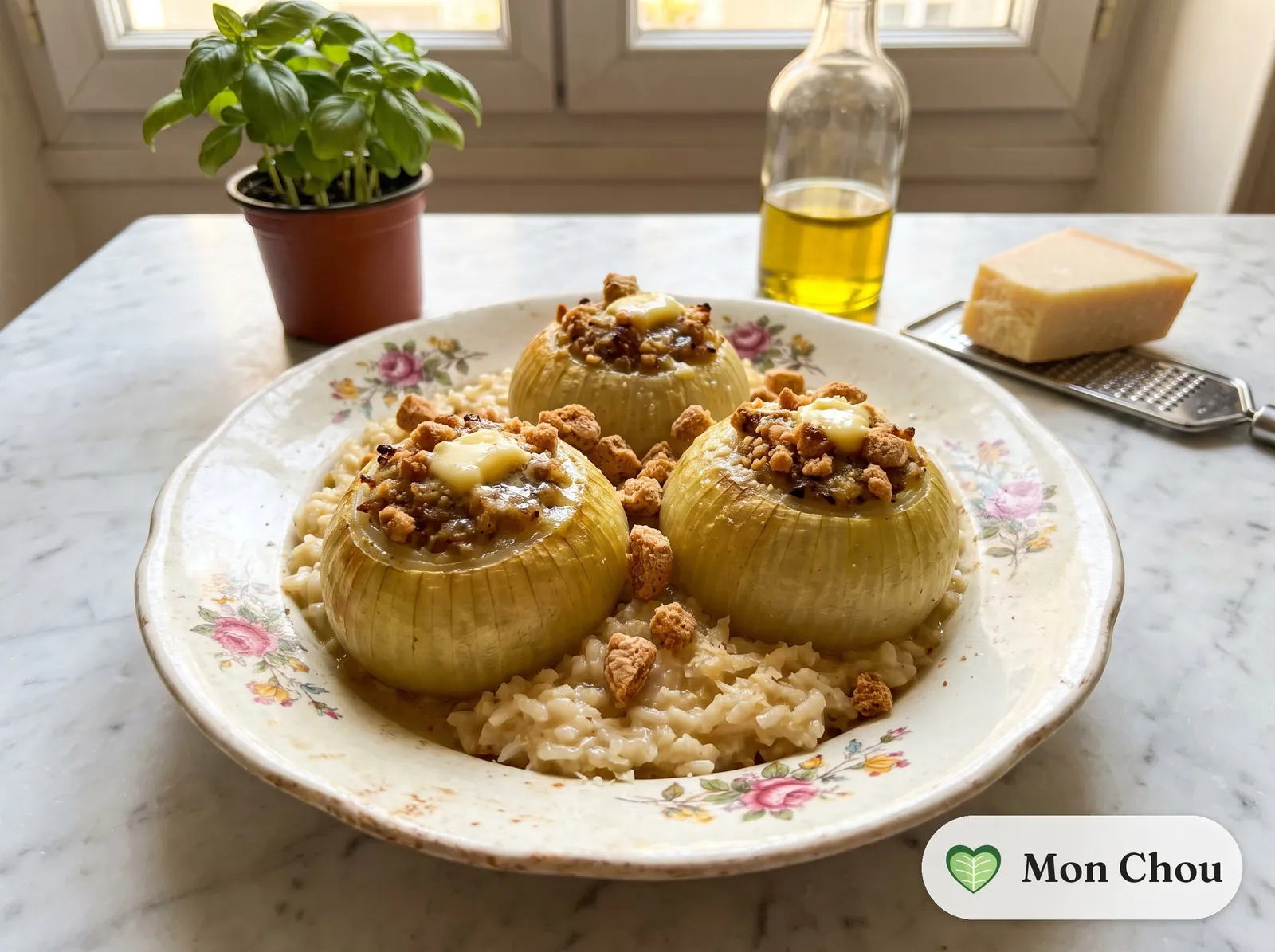 Oignons farcis à la piémontaise et riz