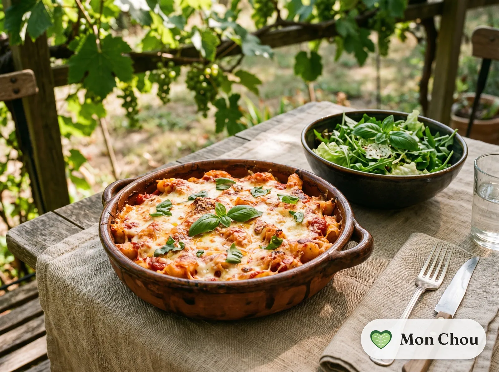 Pâtes au four à la sorrentine et salade