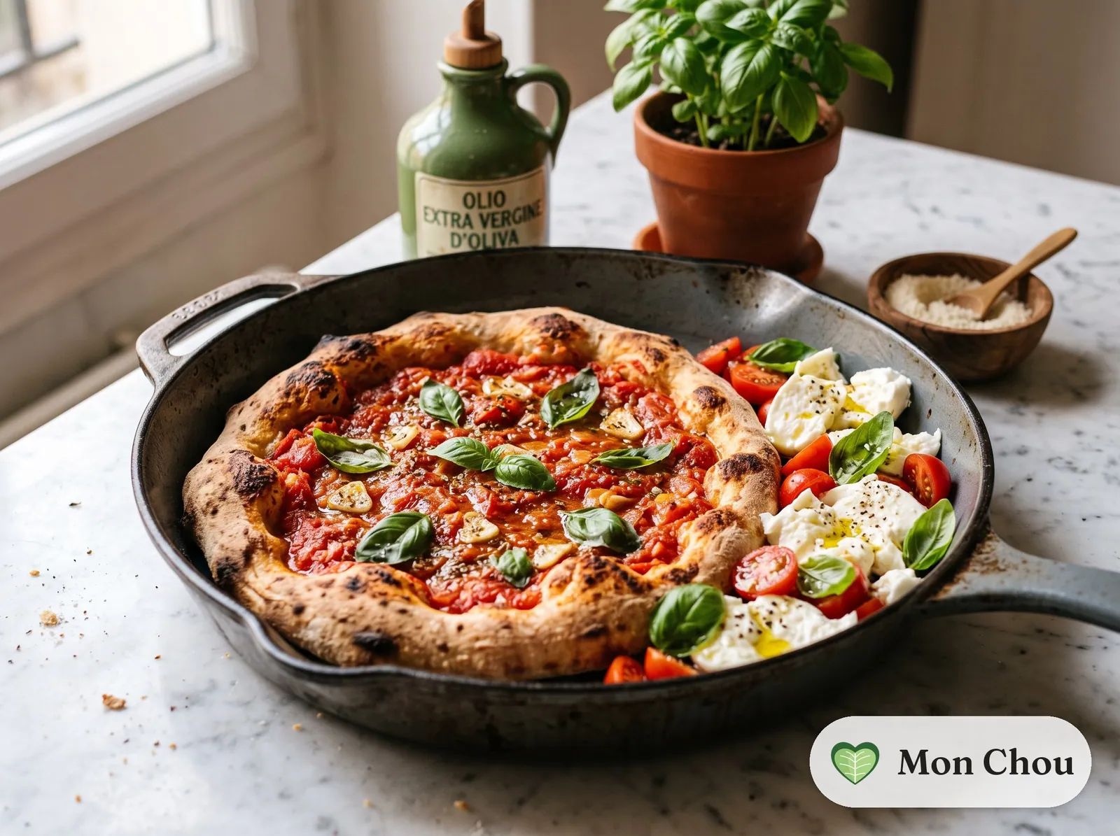 Pizza marinara et salade de mozzarella