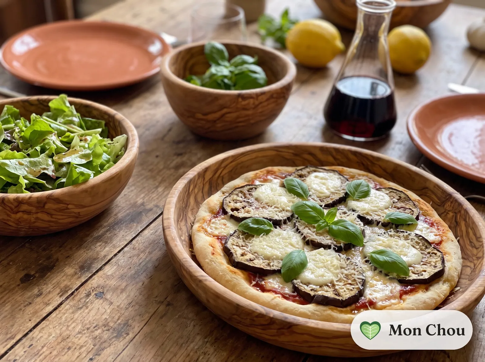 Eggplant parmigiana pizza with salad
