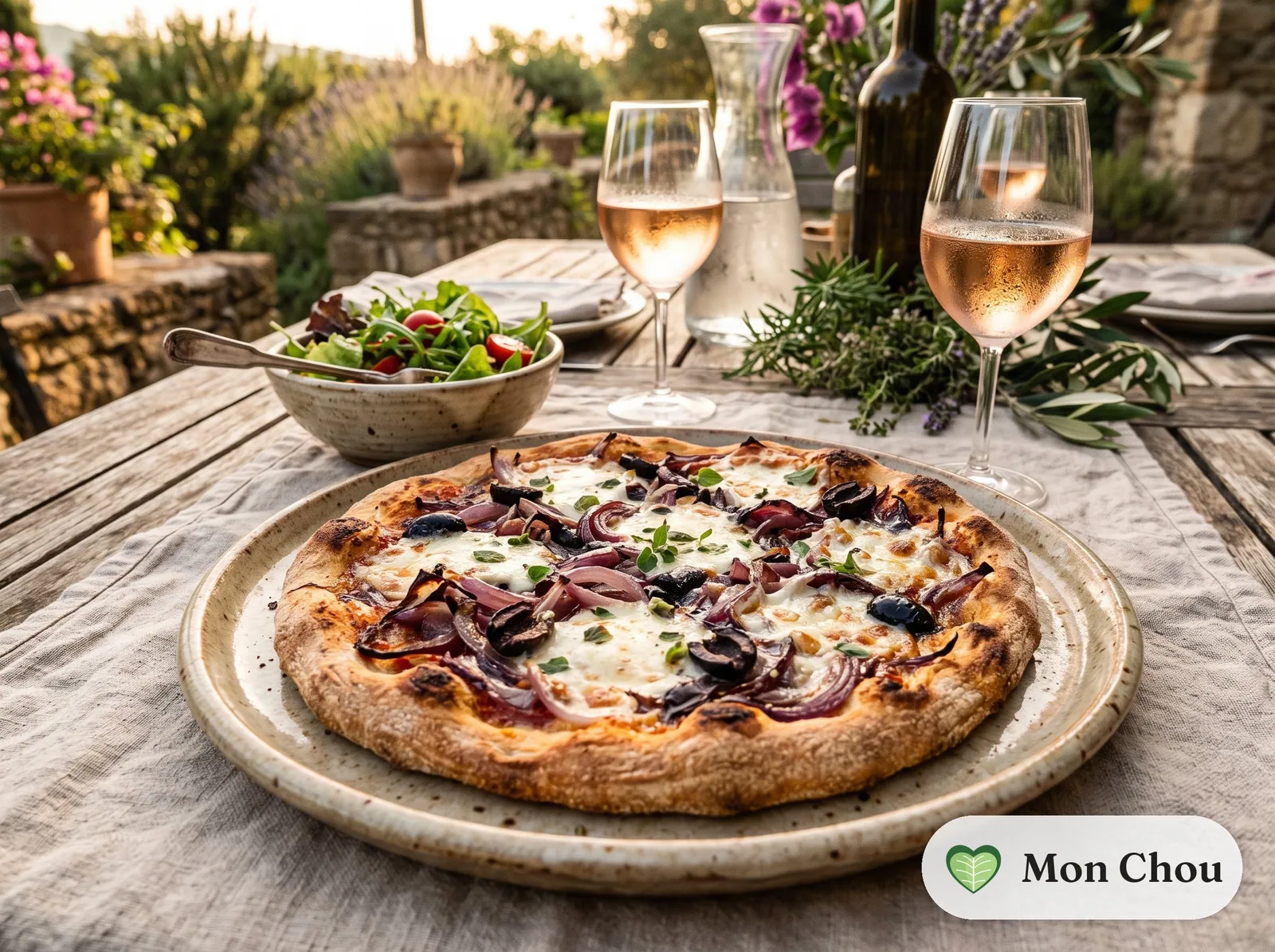 Pizza pugliese mit Zwiebeln und Oliven, grüner Salat