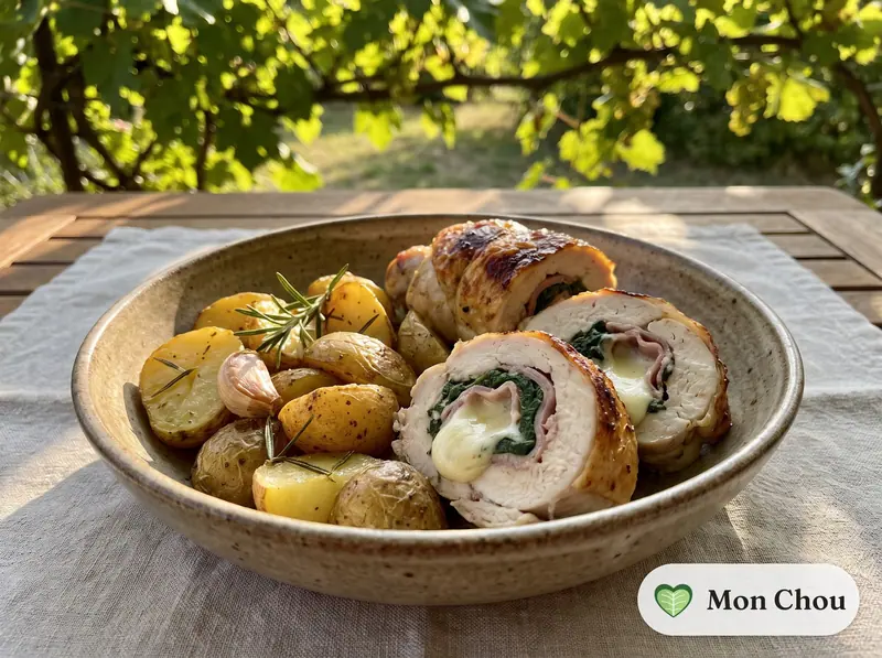 Roulé de poulet au jambon et aux épinards, pommes de terre
