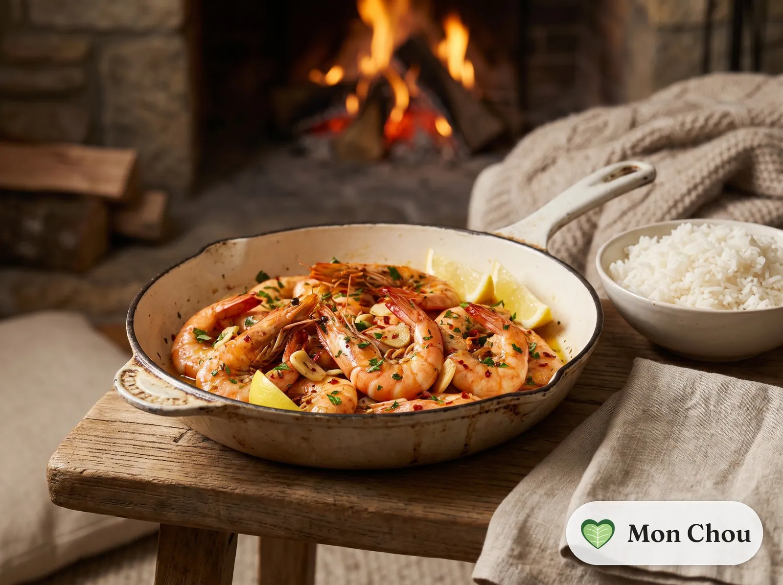 Gambas à l&rsquo;ail et riz blanc