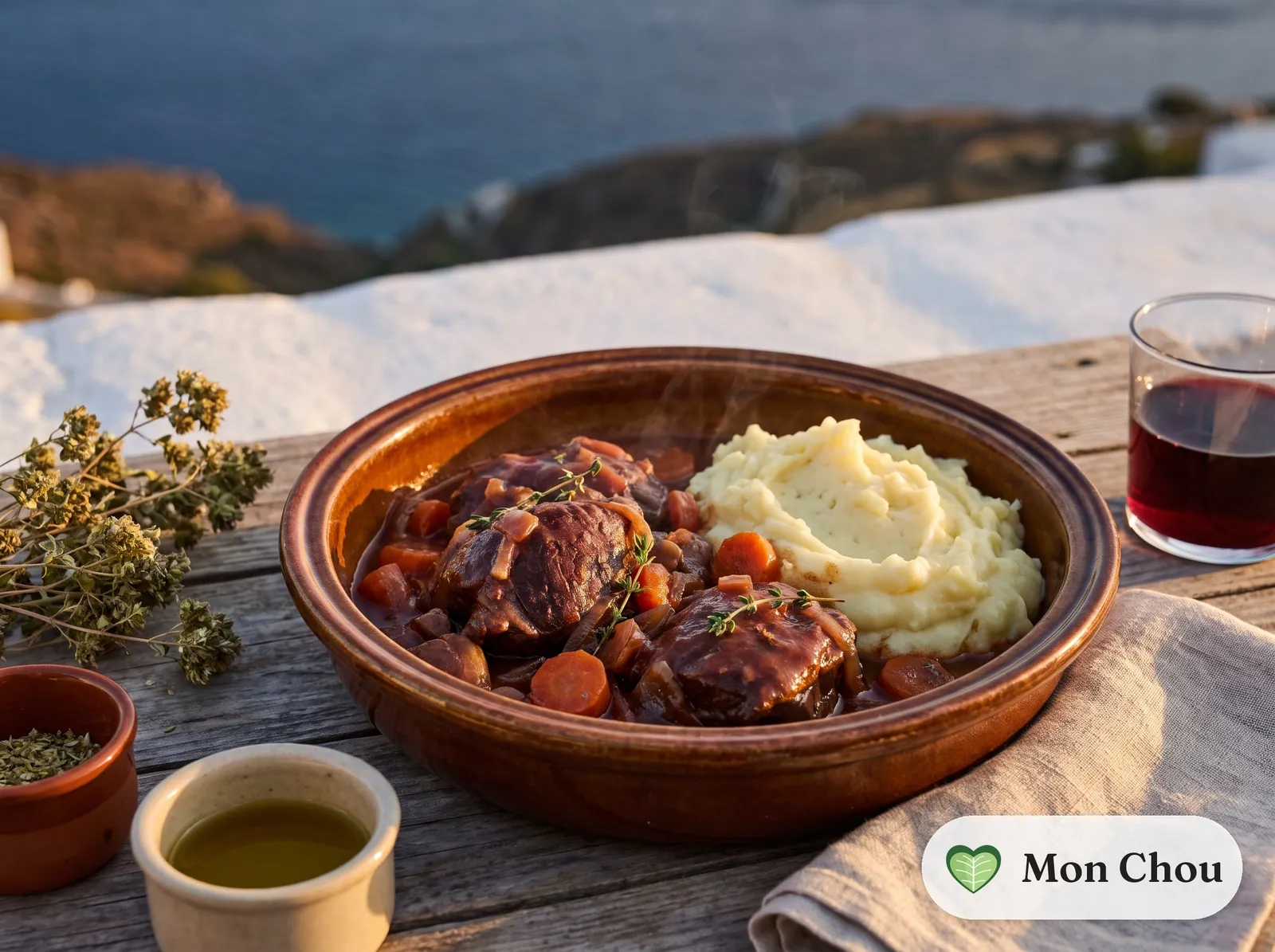 Pork cheeks in red wine with mashed potatoes