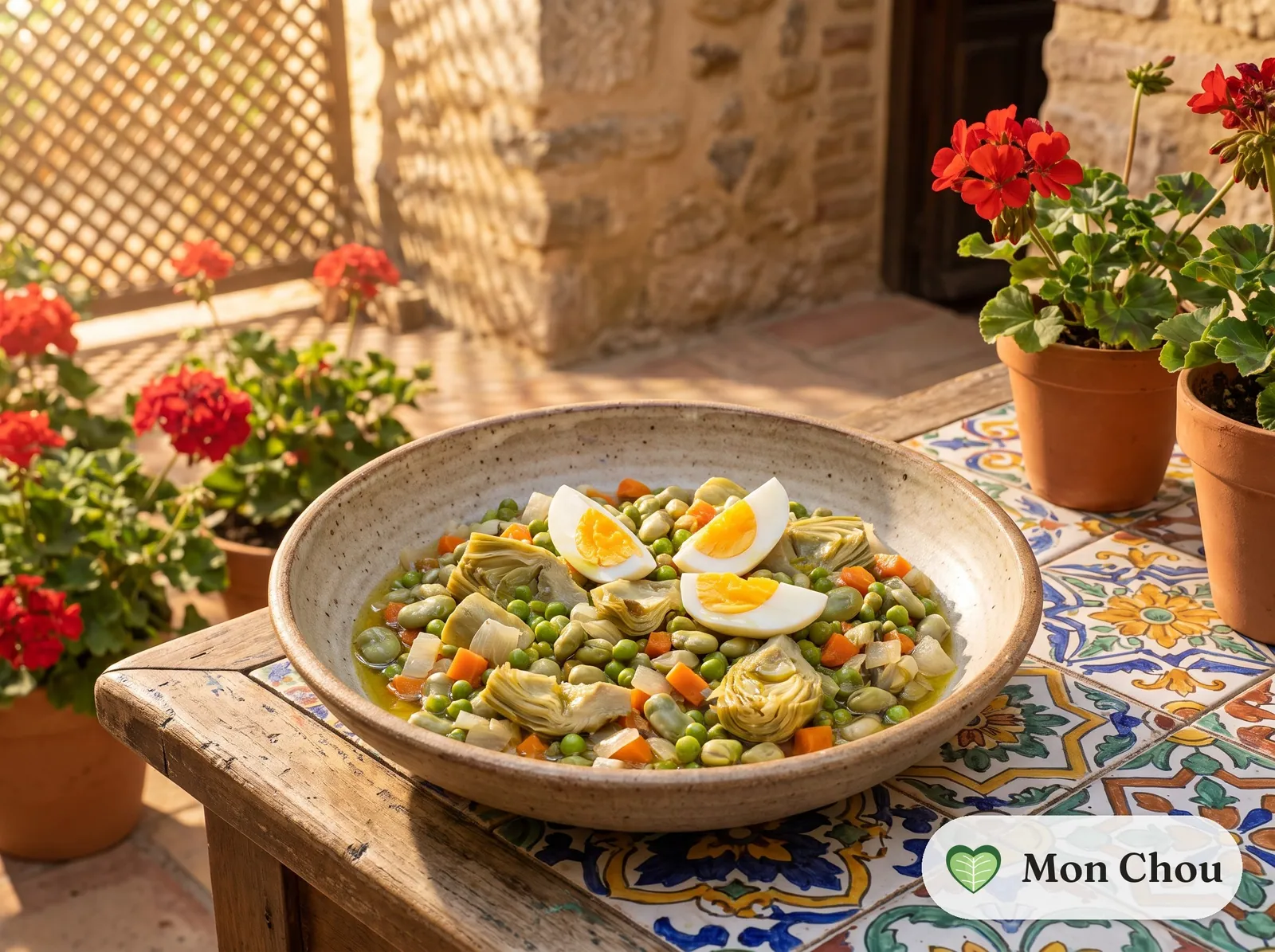 Spring vegetable menestra with hard boiled eggs