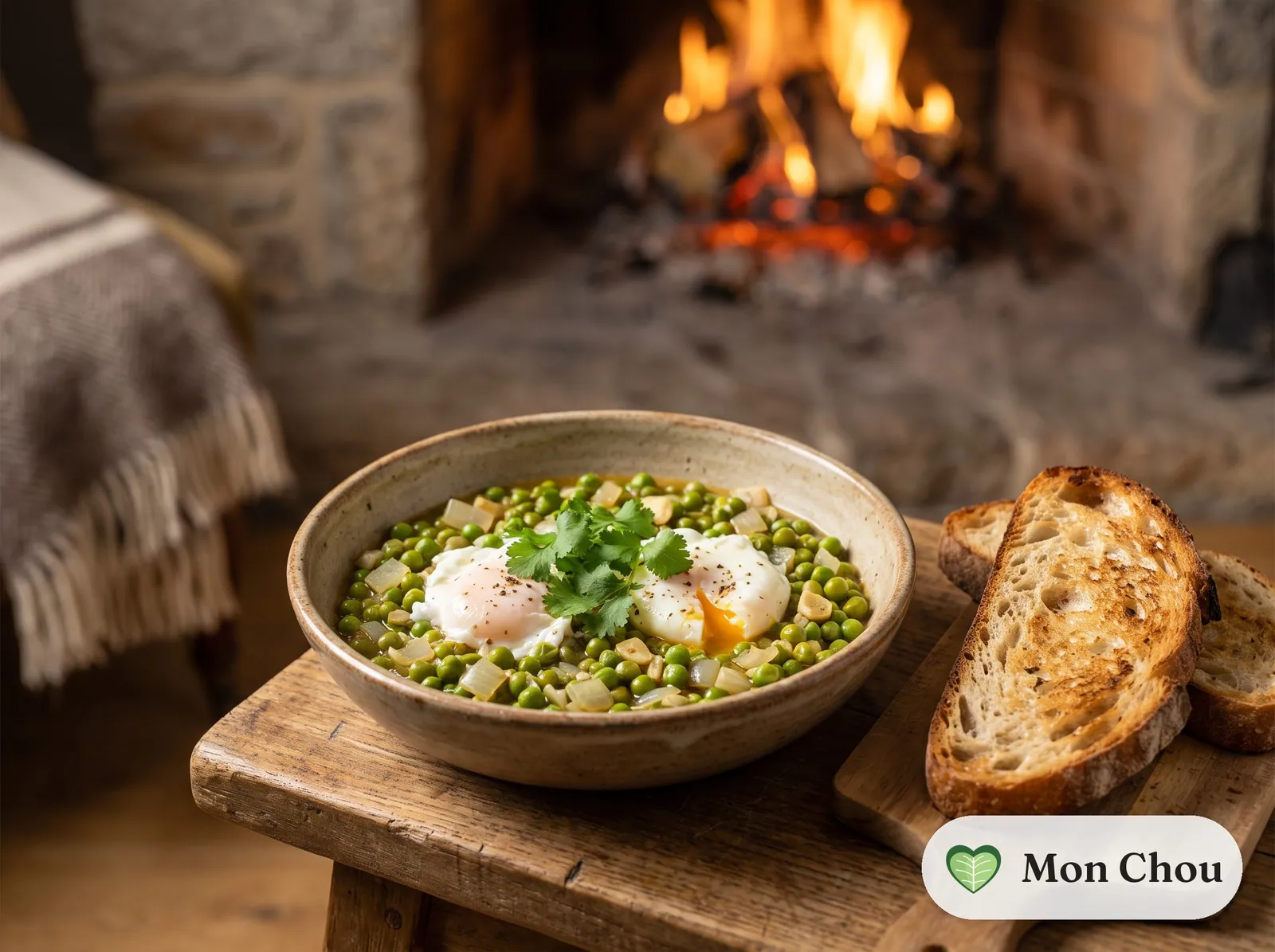 Portuguese style poached eggs with peas