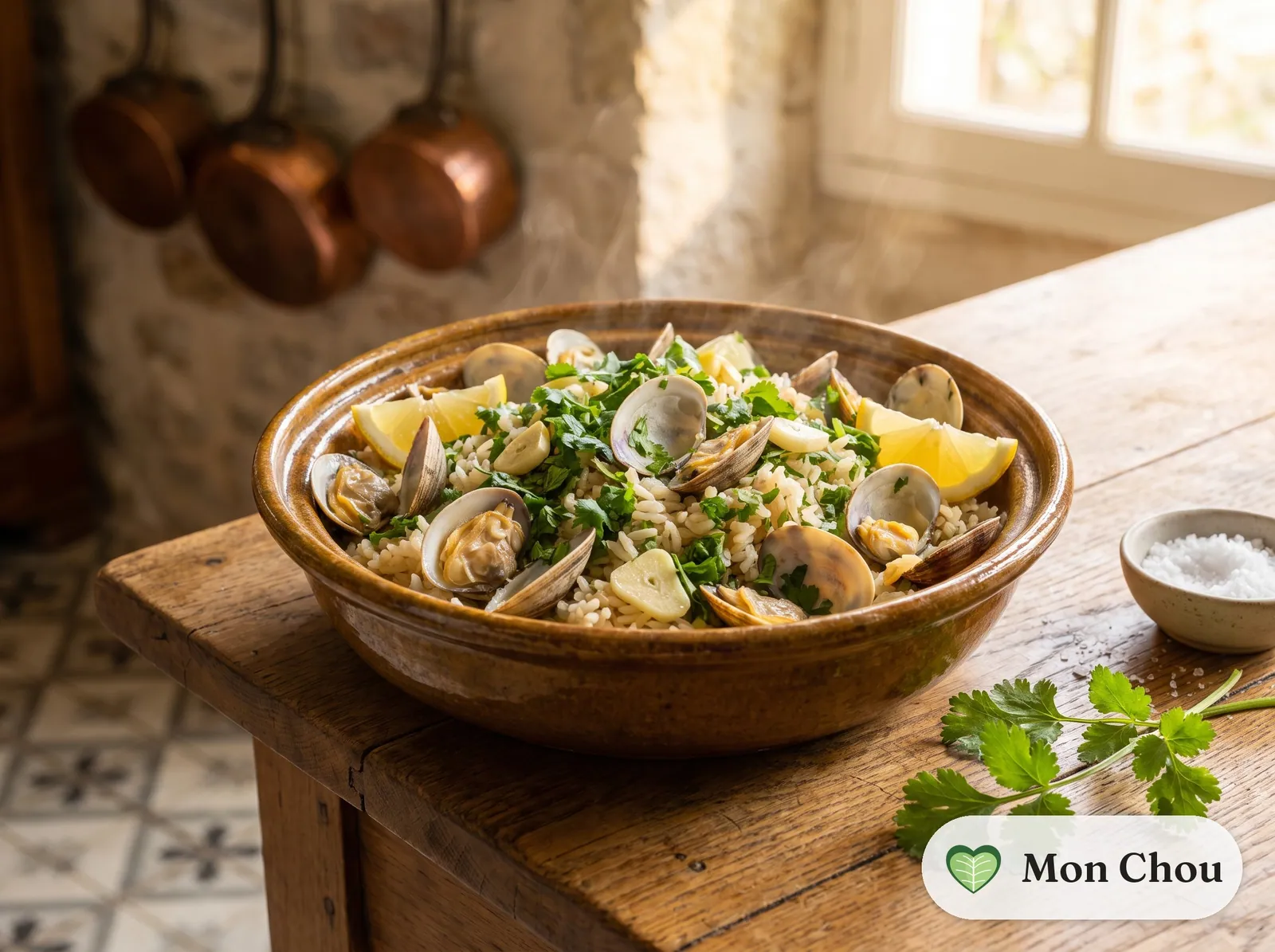 Garlic coriander clams with rice