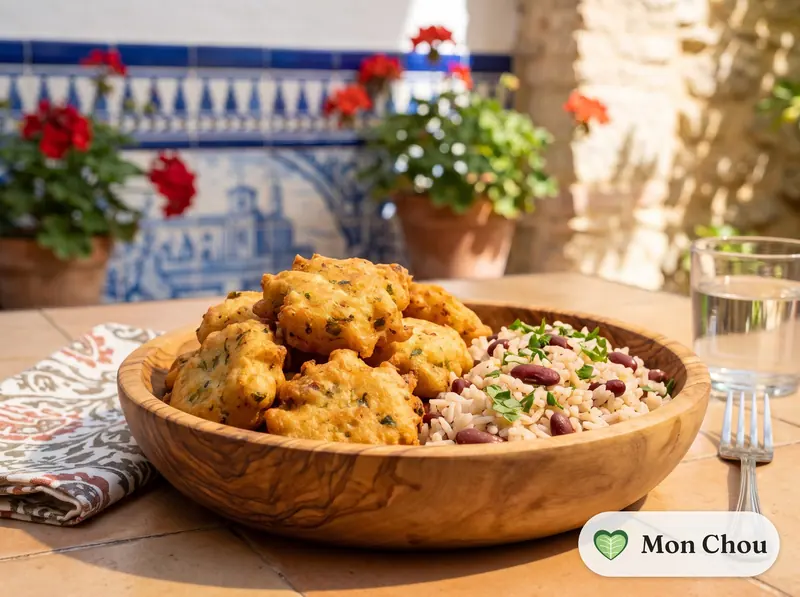 Pataniscas de morue et riz aux haricots