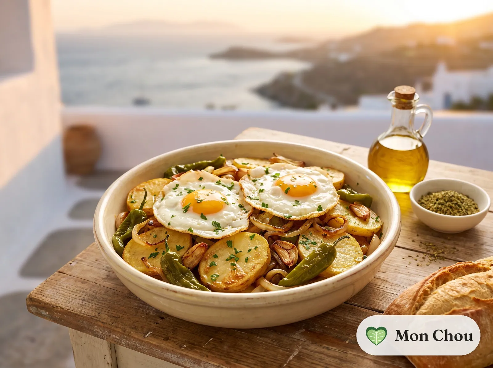 Patatas a lo pobre with fried eggs