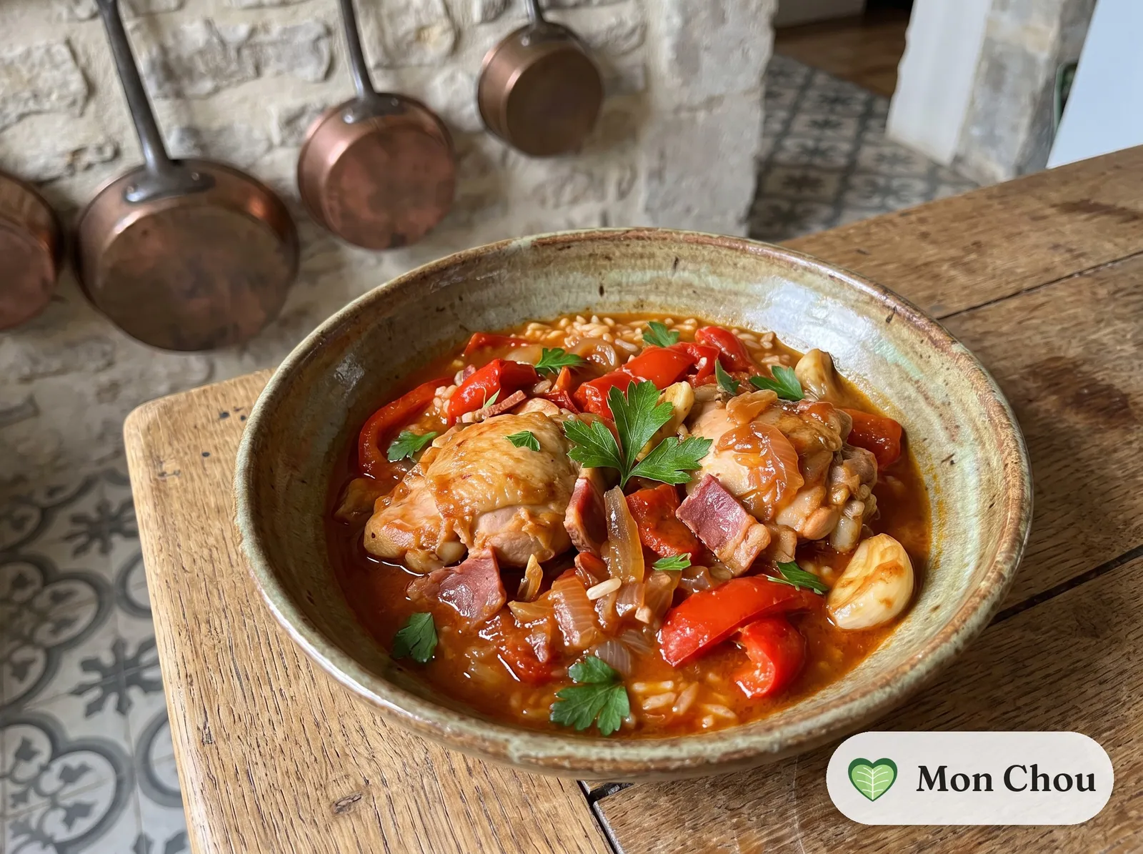 Poulet au chilindrón et riz