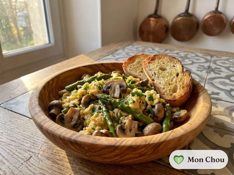 Revuelto aux champignons et asperges vertes
