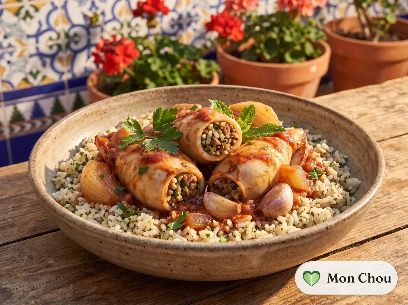 Griechisch gefüllte Calamari mit Reis
