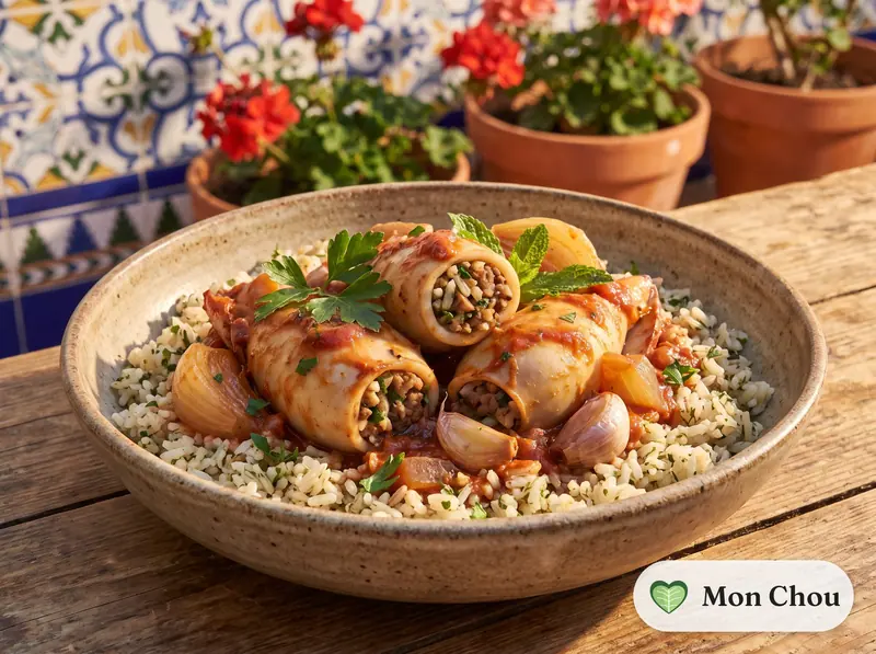 Calamars farcis à la grecque et riz