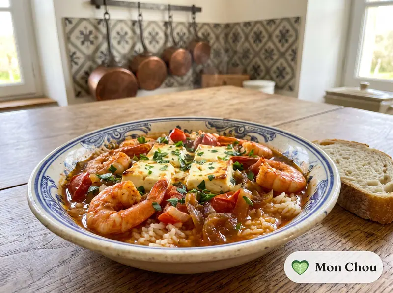 Crevettes saganaki et riz