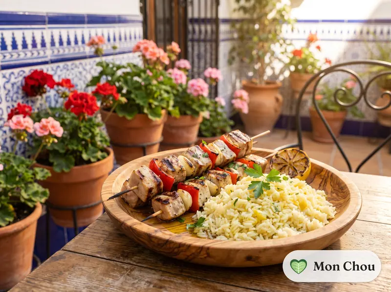 Espadon en souvlaki et riz au citron