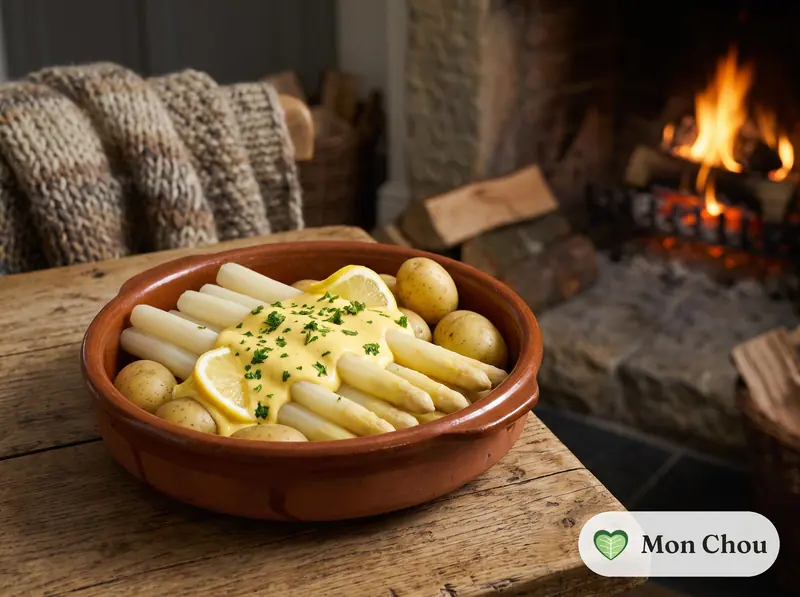Asperges blanches, sauce hollandaise et pommes nouvelles