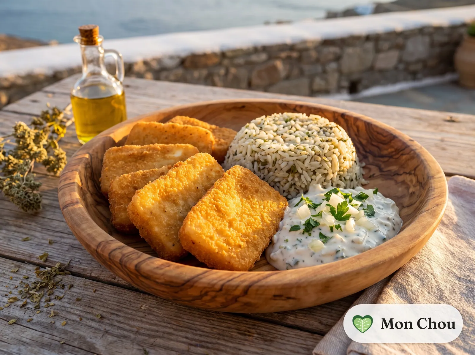Breaded cheese with rice and tartar sauce
