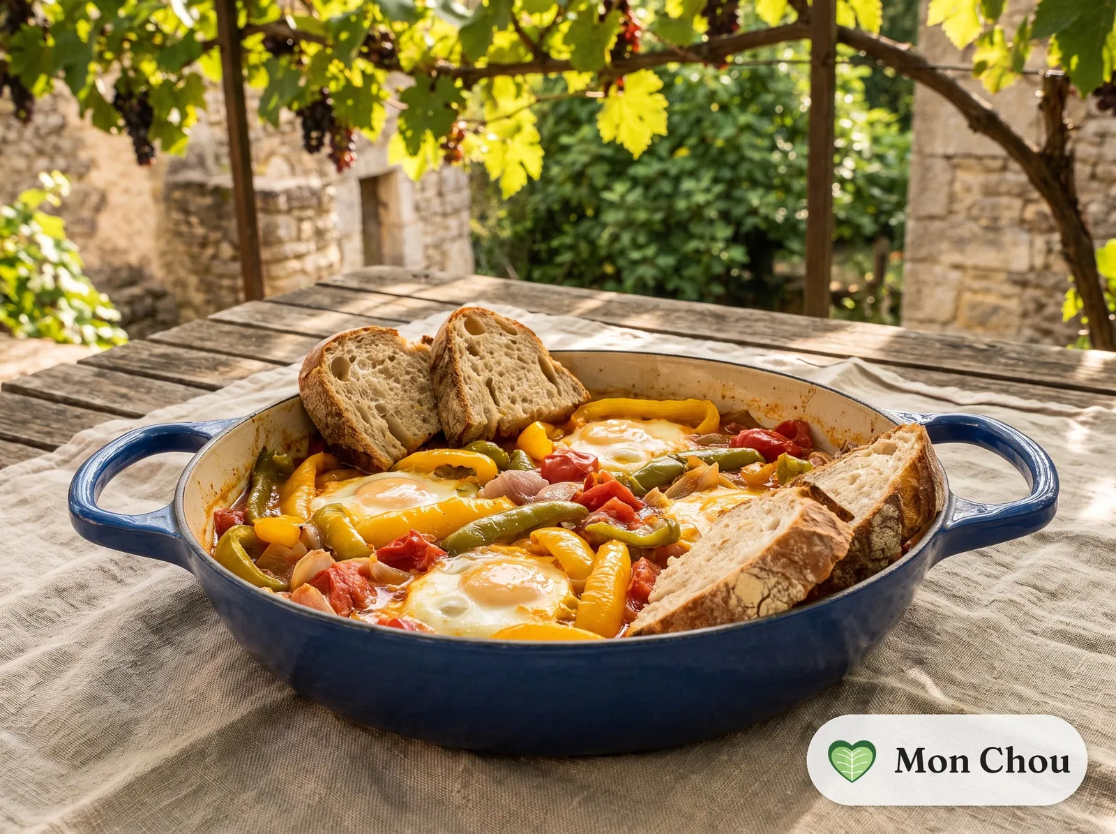 Lecsó with eggs and country bread