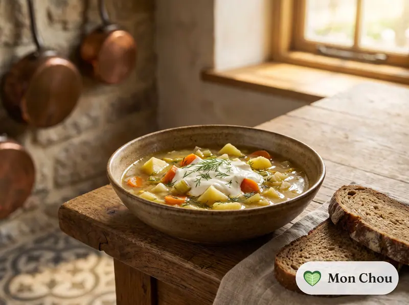 Zupa ogórkowa, polnische Gurkensuppe, mit Roggenbrot