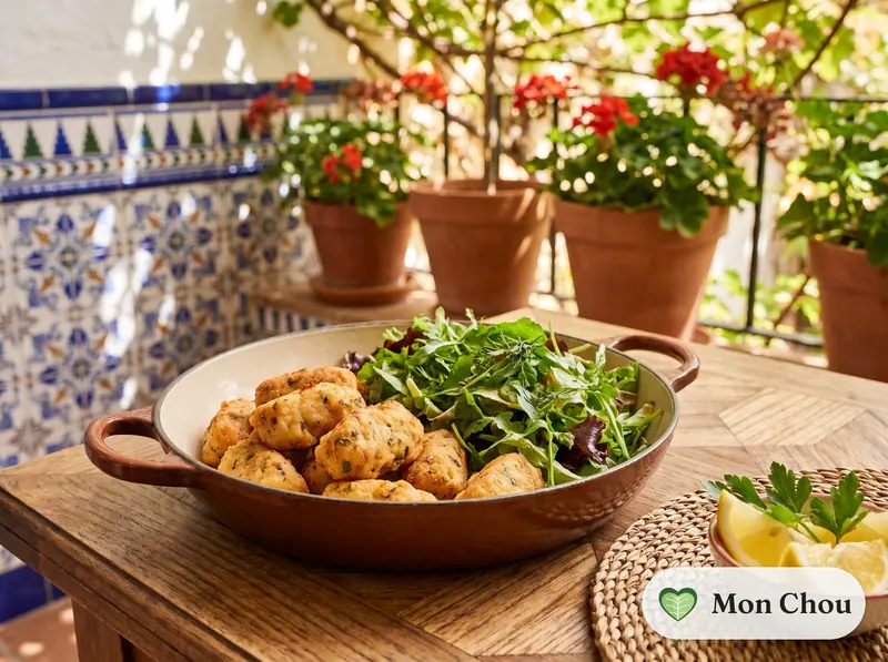 Graue Garnelen Kroketten mit frittierter Petersilie und Salat