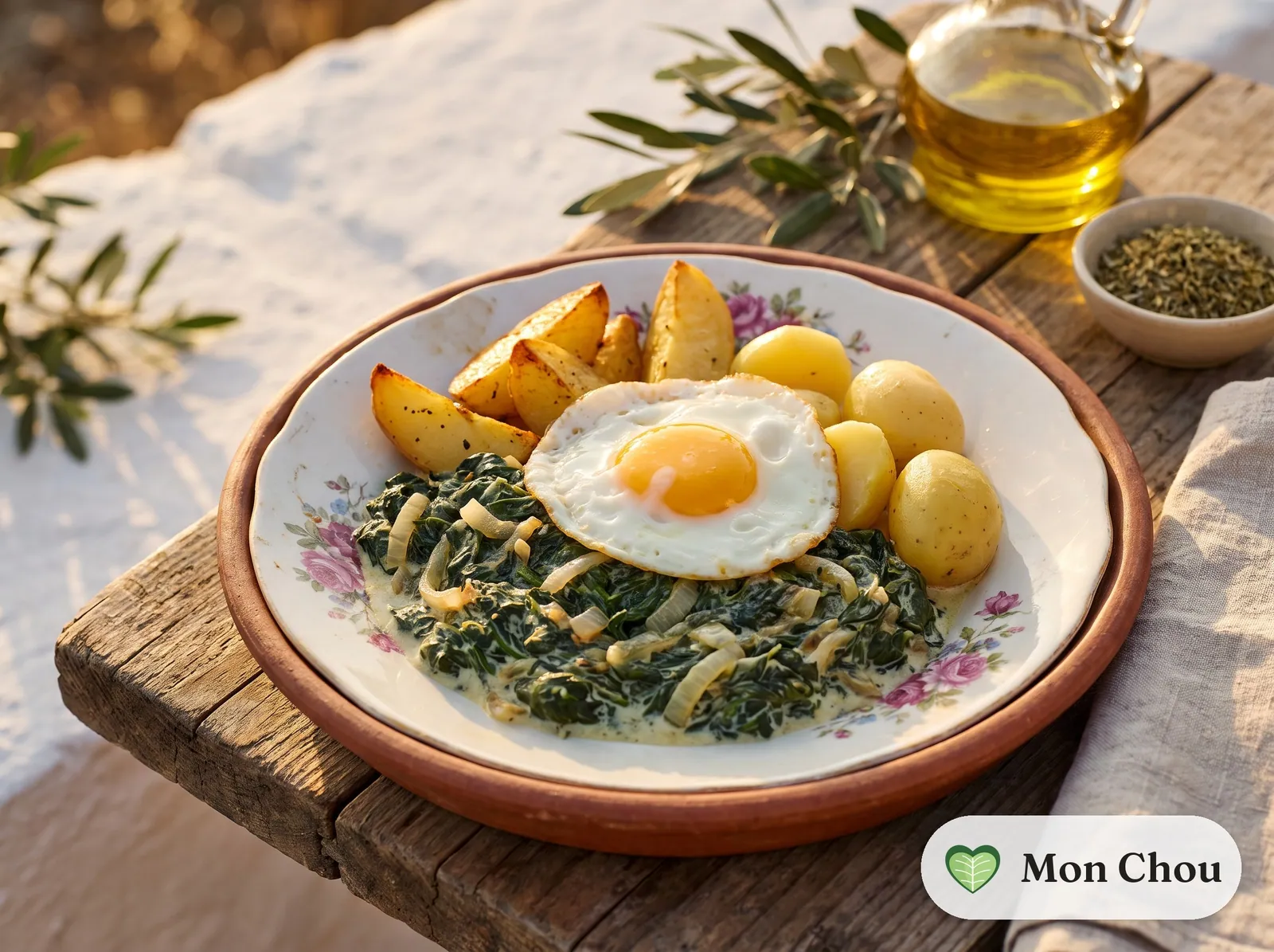 Creamed spinach with fried egg and potatoes
