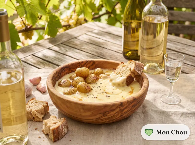 Moitié-moitié fondue with bread and potatoes