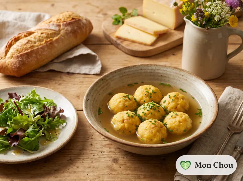Kaspressknödel en bouillon et salade