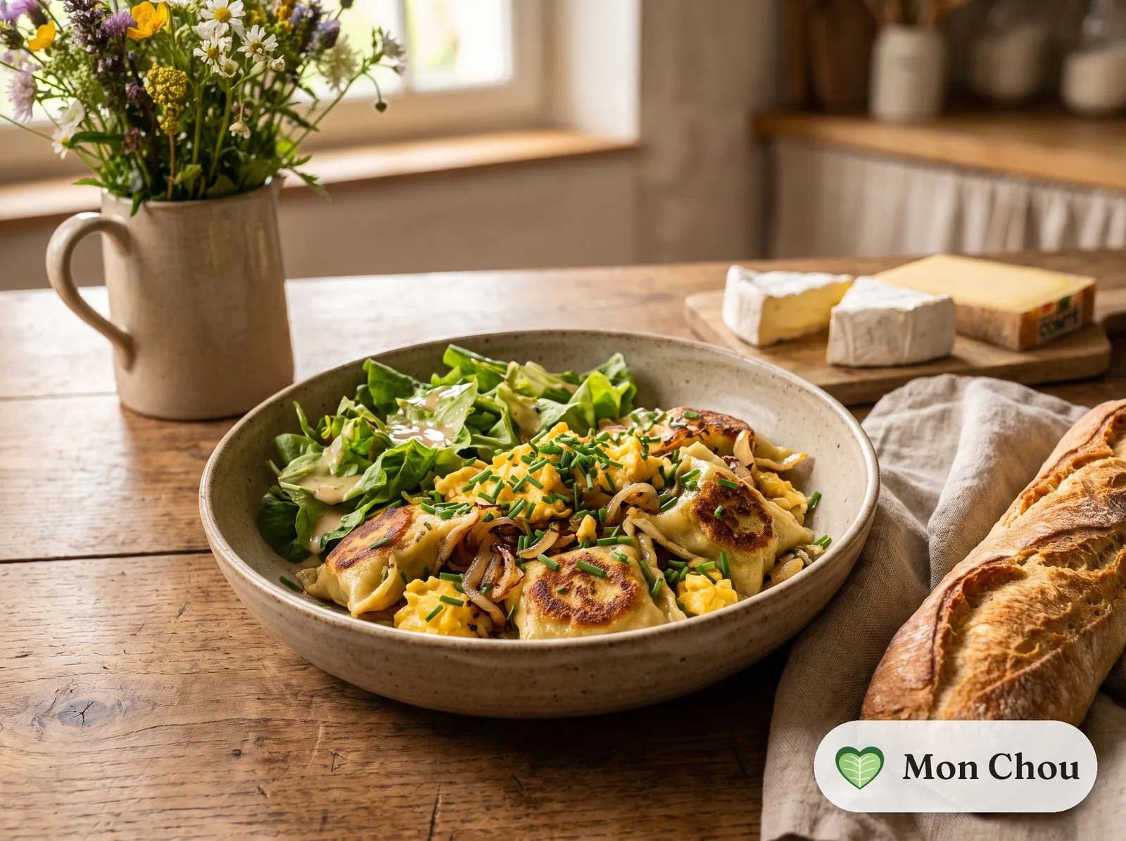 Pan fried Maultaschen with eggs and salad