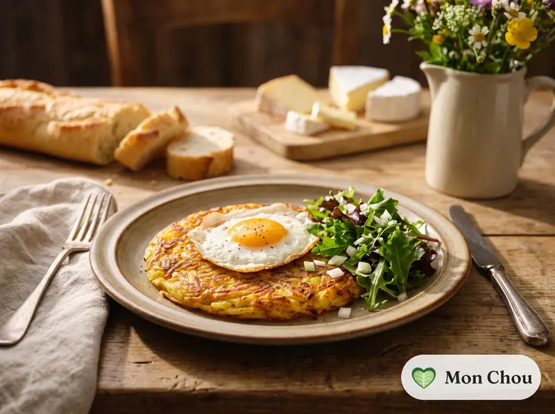 Rösti, œuf au plat et salade