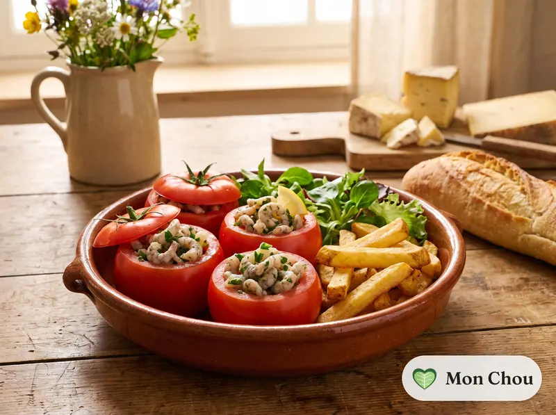 Tomates aux crevettes grises et frites