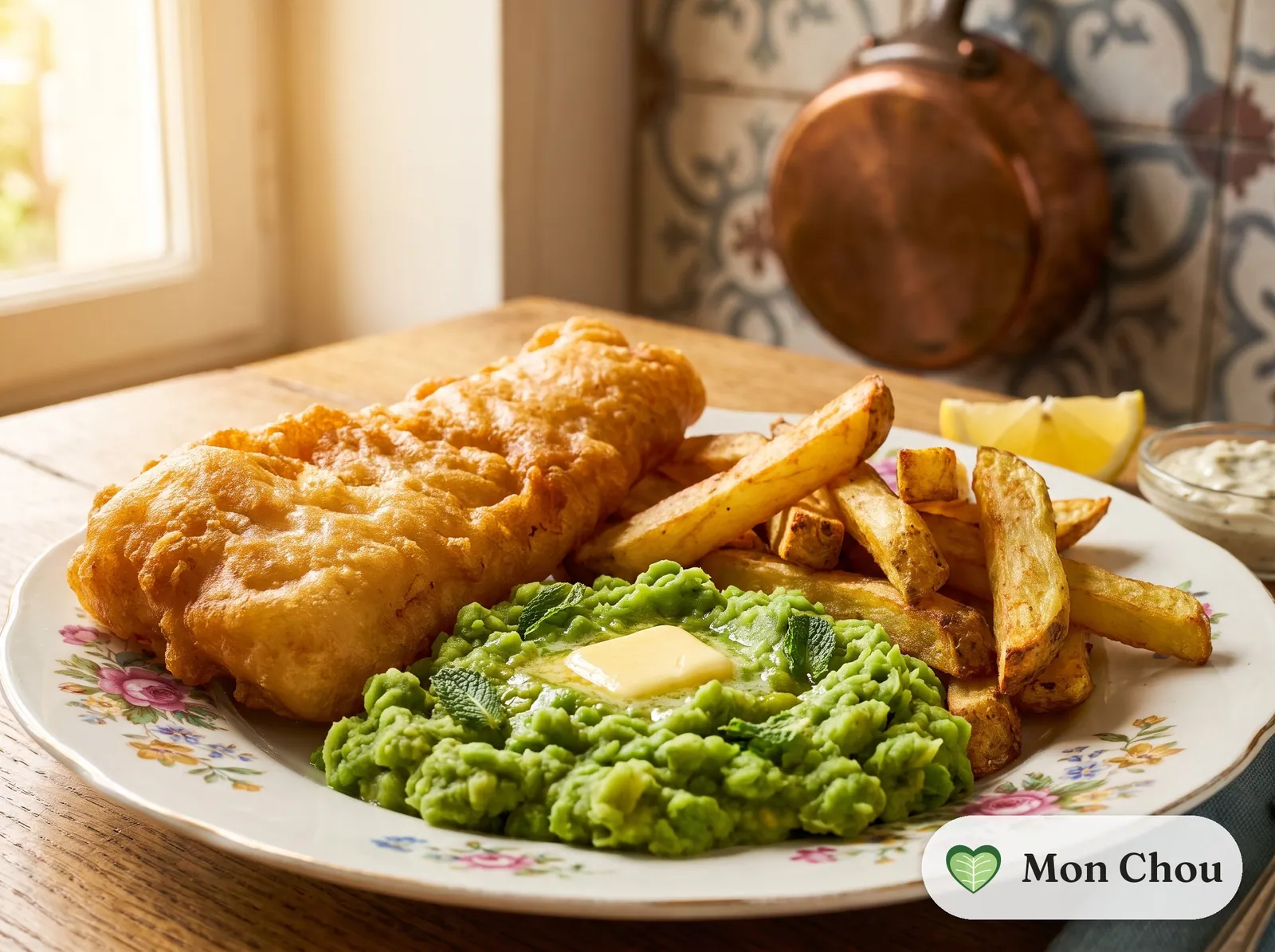 Fish and chips et petits pois écrasés